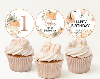 Adornos para cupcakes de calabaza para niño y niña, decoración rústica de otoño con hojas y calabaza naranja, etiquetas imprimibles para postres AT16E