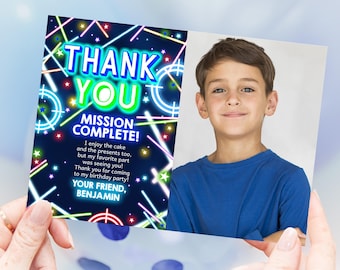 Laser Tag Photo Thank You Card Boy Gamer Birthday Thank You Note Kids Tag Party Neon Glow Blue Green Arcade Game Printable BT63B
