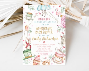 Alice in Wonderland Invitation Girl Baby Shower Invite Mad Hatter Tea Party Gender Neutral Pink Gold Floral Baby Sprinkle EDITABLE BS11W