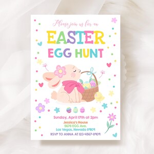 May include: An invitation to an Easter egg hunt with a pink bunny holding a basket of colorful eggs. The invitation includes the date, time, location, and RSVP information.