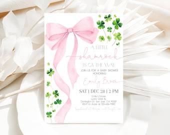 Pink Bow Shamrock Baby Shower Invitation St Patricks Day Coquette Girl Baby Shower Invite Lucky Charm Little Clover Ribbon EDITABLE AS19P