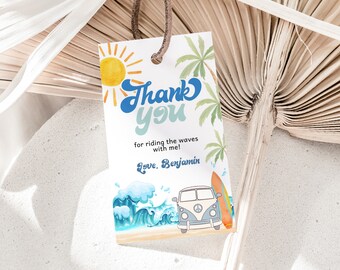 May include: A blue and white thank you tag with a sun, palm trees, waves, and a blue and white vintage van with a surfboard on the side. The text on the tag reads "Thank You for riding the waves with me! Love, Benjamin".