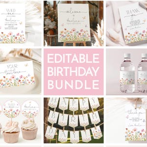 May include: Editable birthday party printable bundle with a wild one theme. Includes invitations, welcome sign, thank you tags, cupcake toppers, water bottle labels, and a banner. The design features a watercolor floral pattern with butterflies.