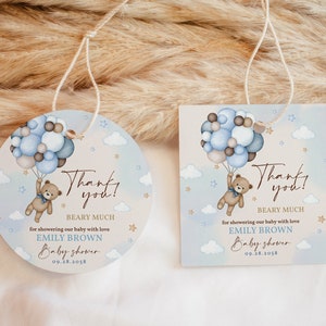 Étiquettes de cadeau d'anniversaire ours en peluche We can Bearly Wait Étiquettes pour cadeau de shower de bébé garçon Ballons d'herbe de pampa bleue Étiquettes de remerciement imprimables BS21B BT81B
