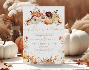 Falling in Love Bridal Shower Invitation Fall Pumpkin Bridal Shower Invite Boho Rustic Floral Flowers Autumn Wedding Shower EDITABLE BR04O