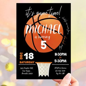 Invitation d'anniversaire de basket-ball, fête d'anniversaire fille garçon, invitation de l'équipe sportive All Star Athletic, tout âge, c'est l'heure du match Modèle MODifiable BT13K