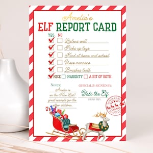 May include: A festive Elf Report Card with a red and white striped border. The card features a checklist with "Yes" and "No" options, and a section for notes. A Santa Claus seal and a reindeer pulling a sleigh are also shown.