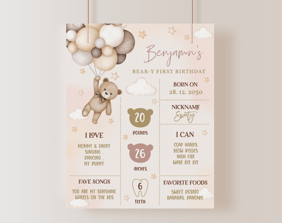 Teddy Bear Milestone Poster Beary First 1st Birthday Sign Boho Beige ...