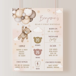 Póster de hito de osito de peluche, letrero de primer cumpleaños de osito de peluche, tablero de hierba de pampa beige boho, globos aerostáticos, plantilla de pizarra EDITABLE BT81E