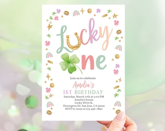 Invitación de cumpleaños del Día de San Patricio, invitación para el primer cumpleaños de una chica afortunada, trébol arcoíris, trébol verde rosa, San Patricio irlandés, editable BT95P