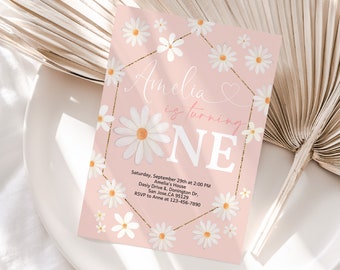 Daisy 1st Birthday Invitation, Pink Wild Flower Invite, Retro Groovy Floral, Boho Girl Wildflower Party, Watercolor Daisies EDITABLE BT84P