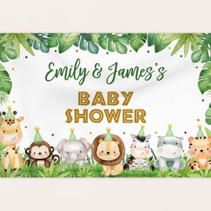 Safari Baby Shower Backdrop Banner Wild Safari Animals Party Decor Jungle Zoo Baby Sprinkle Tropical Gold Greenery Garland EDITABLE BS47G