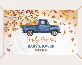Sfondo per baby shower con camioncino blu zucca, decorazioni per feste a tema "Un piccolo campo di zucche", cabina fotografica per bambino con foglie autunnali in stile boho (MODIFICABILE BS28B)