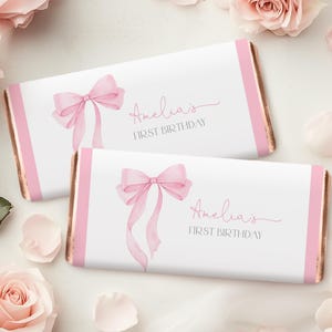 Pink Bow Chocolate Wrapper Coquette Girl 1st Birthday Party Decor Soft Pastel Watercolor Pink Ribbon Candy Bar Label Elegant Printable AT63P