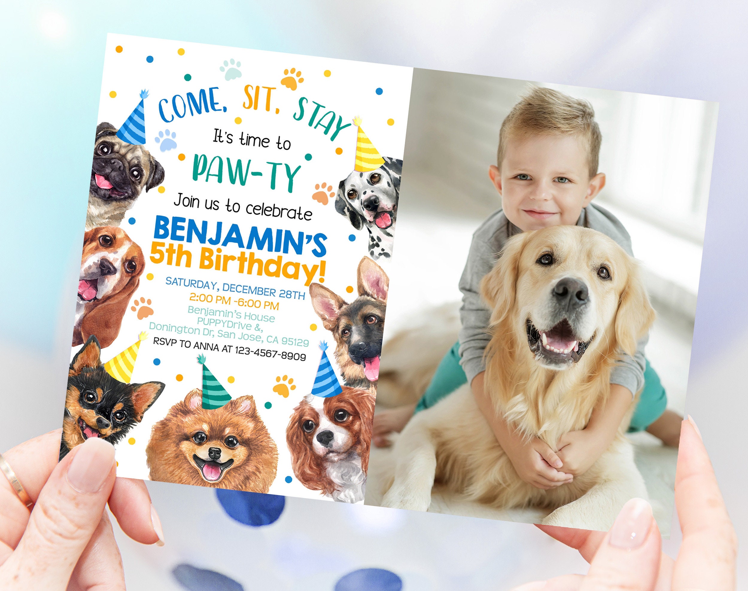 Dog Birthday Photo Invitation Boy 1st Birthday Party Invite Blue Puppy ...