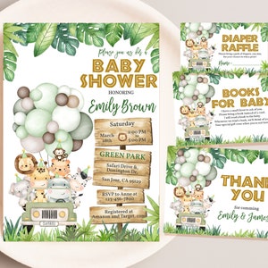 Safari Baby Shower Invitation Bundle Wild Safari Animals Party Invite Set Jungle Zoo Baby Sprinkle Tropical Gold Greenery EDITABLE BS47G