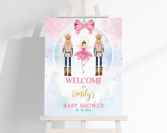 Nutcracker Baby Shower Welcome Sign Girl Christmas Winter Wonderland Pink Sugar Plum Fairy Poster Ballet Land of Sweets Porch EDITABLE BS75P