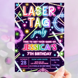 Laser Tag Birthday Invitation Boy Girl Gamer Birthday Party Invite Neon Glow Pink Rainbow Arcade Game Kids Tag Party EDITABLE BT63P
