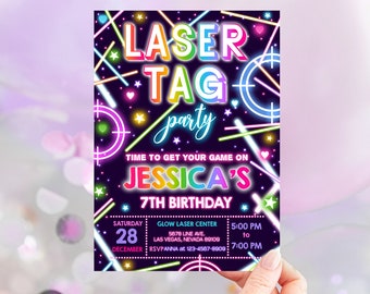 Invitación de cumpleaños de Laser Tag para niño y niña, fiesta de cumpleaños para gamers, neón brillante, rosa arcoíris, juego arcade, fiesta infantil, EDITABLE BT63P