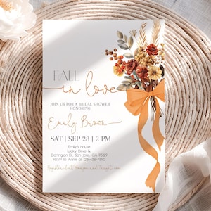Fall in Love Bridal Shower Invitation Boho Fall Wildflower Wedding Shower Invite Orange Bow Flowers Floral Rustic Autumn EDITABLE BR15O