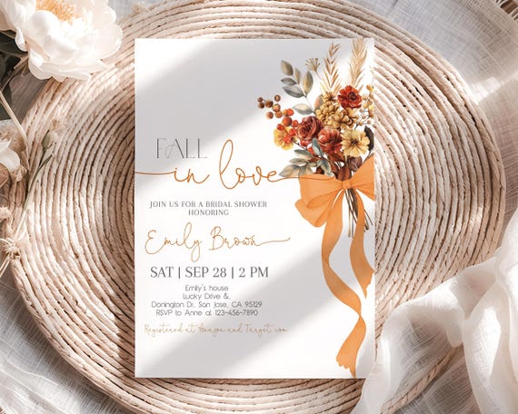 Fall in Love Bridal Shower Invitation Boho Fall Wildflower Wedding Shower Invite Orange Bow Flowers Floral Rustic Autumn EDITABLE BR15O