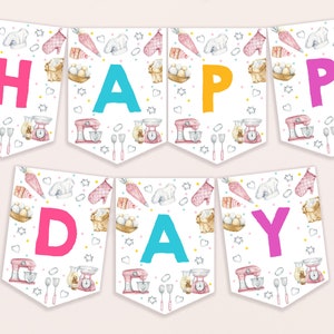 May include: A white banner with the words "Happy Day" in colorful letters. The banner is decorated with a baking theme, including images of mixing bowls, spatulas, and other kitchen tools.