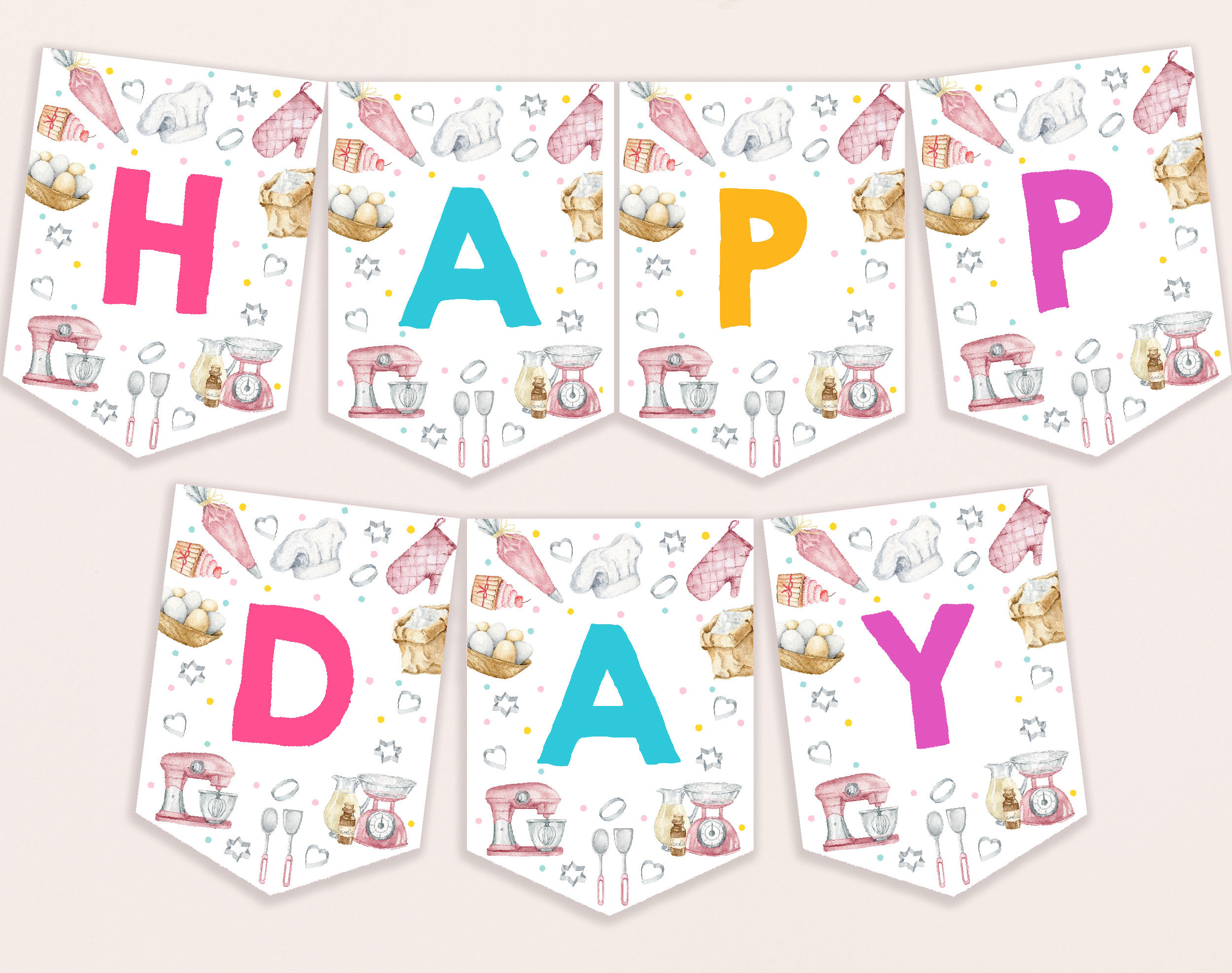 Baking Birthday Banner Girl Chef Pink Cooking Party Decor Cake Decorating Bakery Sweet Cookie Bake Shop Garland EDITABLE Bunting Flag BT55P