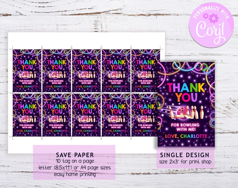 May include: Ten printable thank you tags with a neon glow bowling theme. The tags feature a bowling ball and pins with a starry night background. The text on the tags reads "Thank You for bowling with me! Love, Charlotte".