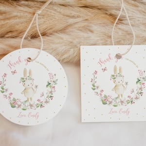 Hase Geburtstag Geschenkanhänger Frühling Baby Shower Favor Tags Ostern Kaninchen Dankeschön Tags Pink Gold Blume Garten Floral Printable BS12P BT60P