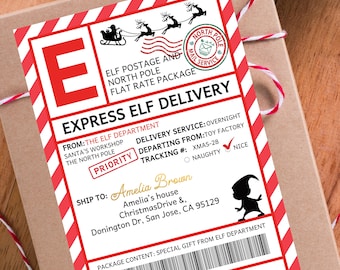 Elf Shipping Label, Elf Arrival Box Label, North Pole Official Santa Delivery Tags, Christmas Elf Postage, Elf Mail Sticker EDITABLE HL66R
