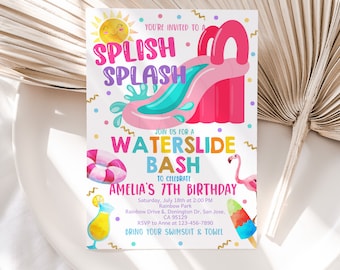 Waterslide Birthday Invitation Summer Pool Party Birthday Invite Girl Pink Water Slide Splish Splash Bash Water park Unicorn EDITABLE BT77P