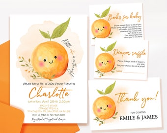 Orange babyshowerinbjudningspaket, A Little Cutie inbjudningsset, könsneutralt festmåltid med clementinmotiv, citrus- och mandarinfärger, REDIGERINGSBAR BS13O