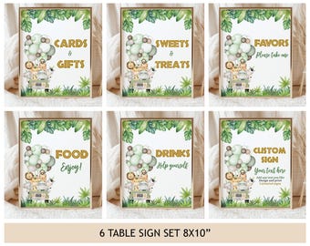 Safari Birthday Table Signs Set Jungle Baby Shower Custom Sign Bundle Zoo Wild Animals Party Decor Gold Green Poster Printable BS47G BT96G
