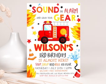 Firetruck Birthday Invitation Firefighter Birthday Invite Fireman Party Fire Truck Engine Fire Department Sound the Alarm EDITABLE BT02W