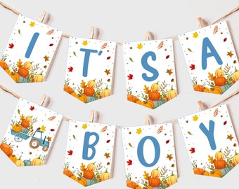 Striscione con camioncino a forma di zucca, decorazioni autunnali per baby shower, ghirlanda di zucche blu per maschietto, foglie autunnali, neutro, modificabile, accessorio fotografico BS59B