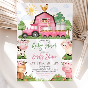 Farm Baby Shower Invitation Barn Animals Baby Shower Invite Girl Pink Barnyard Animals Party Greenery Ranch Cow Pig Lamb EDITABLE BS62P