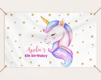 Unicorn Birthday Backdrop Banner Girl First Birthday Party Decor Magical Pastel Rainbow Unicorn Pink Purple Gold Photo Booth EDITABLE BT20P