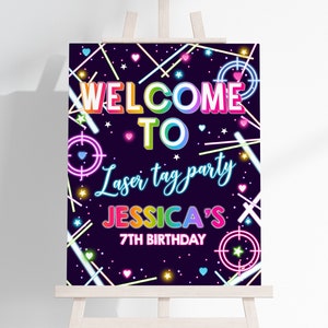 Laser Tag Welcome Sign Girl Gamer Birthday Party Decor Kids Tag Party Poster Neon Glow Pink Rainbow Arcade Game Porch EDITABLE BT63P