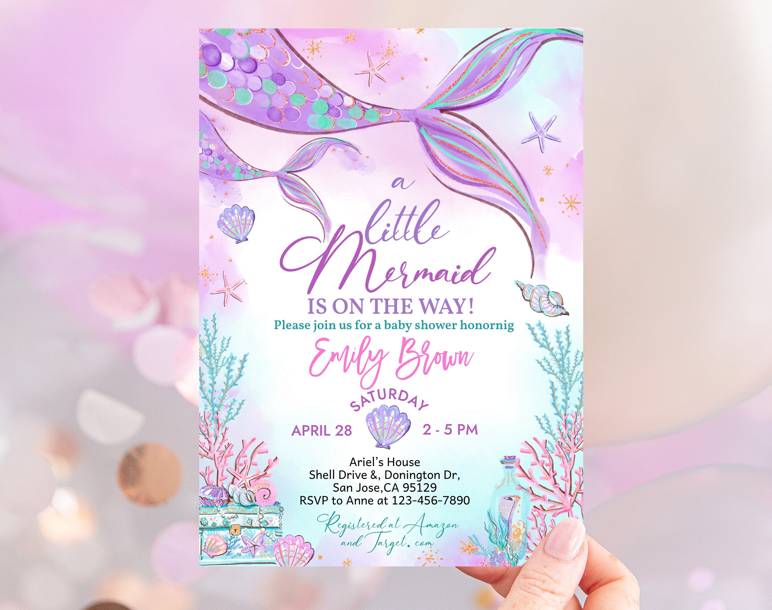 Mermaid Baby Shower Invitation Under the Sea Gender Neutral Party Invite Girl Princess Magical Purple Teal Gold Mermaid Tail