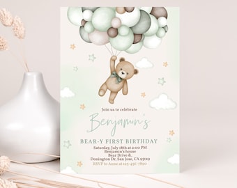 EDITABLE Teddy Bear Invitation Birthday Party Invite Build A Bear Boy 1st First Flyer Boho Sage Green Pampas Grass Printable Template BT81G