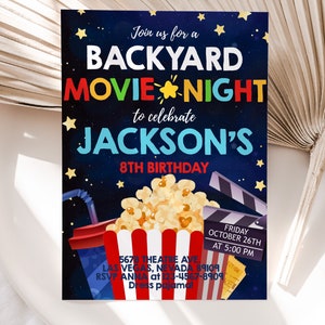 Backyard Movie Night Birthday Invitation Under The Stars Invite Kids Outdoor Slumber Party Cinema Sleepover Party Popcorn EDITABLE BT05R
