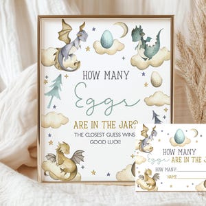 Dragon Baby Shower Table Sign Guess How Many Eggs Are In the Jar Magical Fantasy Dragons Game Blue Green Mythical Party Printable AS03B