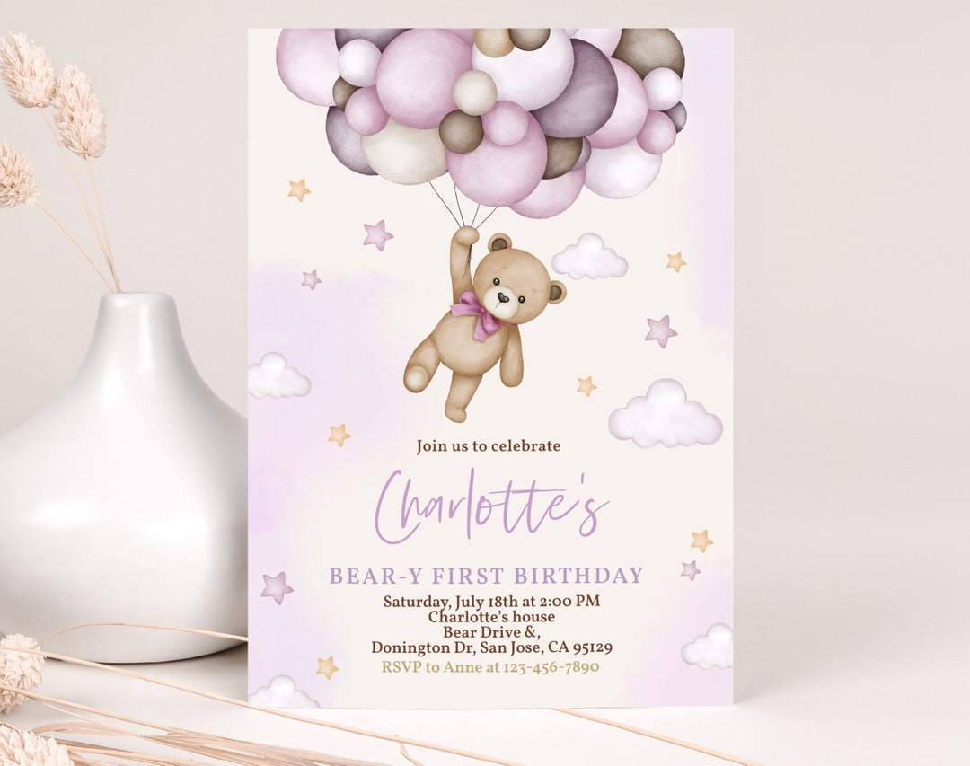 Purple Teddy Bear Birthday Invitation Beary 1st First Birthday Party ...