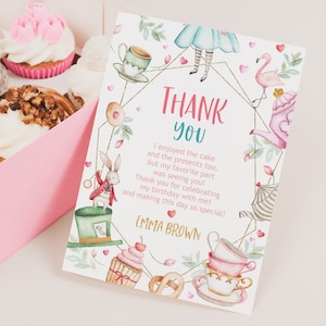 Tarjeta de agradecimiento de Alicia en el país de las maravillas Nota de agradecimiento para el primer cumpleaños de la niña de Onederland Baby Shower Decoración para fiesta de té del Sombrerero Loco EDITABLE BS11W BT11W