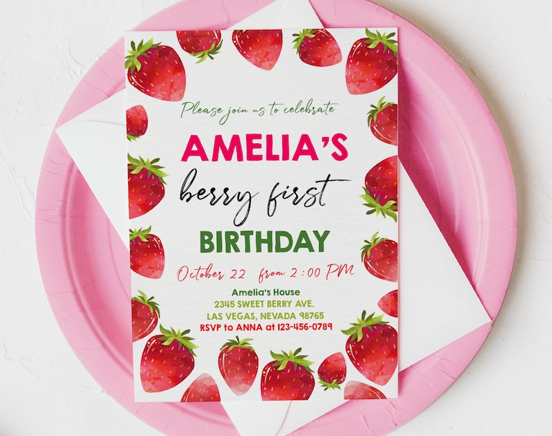 Strawberry Birthday Invitation Berry First Birthday Invite Girl 1st Strawberry Party Berry Sweet One Summer Fruit Pink Red
