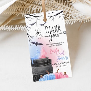 Halloween Gender Reveal Party Favor Tags A Baby is Brewing Baby Shower Thank You Tags Boy or Girl Blue or Pink Gift Tags Printable BS66M
