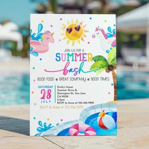 Summer Bash Invitation, Splish Splash Pool Birthday Party Invite, Sun Beach Ball, Palm Tropical, Water Float Unicorn Swim EDITABLE CT28P