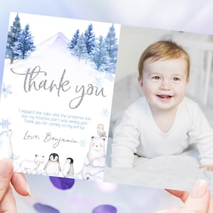 Tarjeta de agradecimiento con foto de Winter Onederland, nota de agradecimiento de Wonderland para niña y niño, decoración para fiesta de primer cumpleaños, oso polar, animal ártico imprimible BT46B