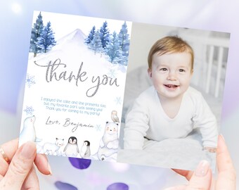 Winter Onederland Photo Thank You Card Wonderland Thank You Note Girl Boy 1st Birthday Party Decor Polar Bear Arctic Animal Printable BT46B