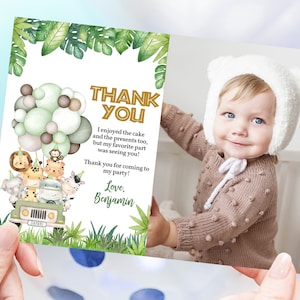 Tarjeta de agradecimiento de cumpleaños de safari para niño, nota de agradecimiento de cumpleaños de la jungla, recuerdos de fiesta de animales del zoológico, globos dorados y verdes, imprimibles BT96G